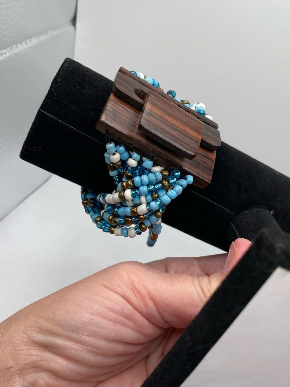 Vintage Beaded Stretch Bracelet Set - Blue, White & Gold wood accents